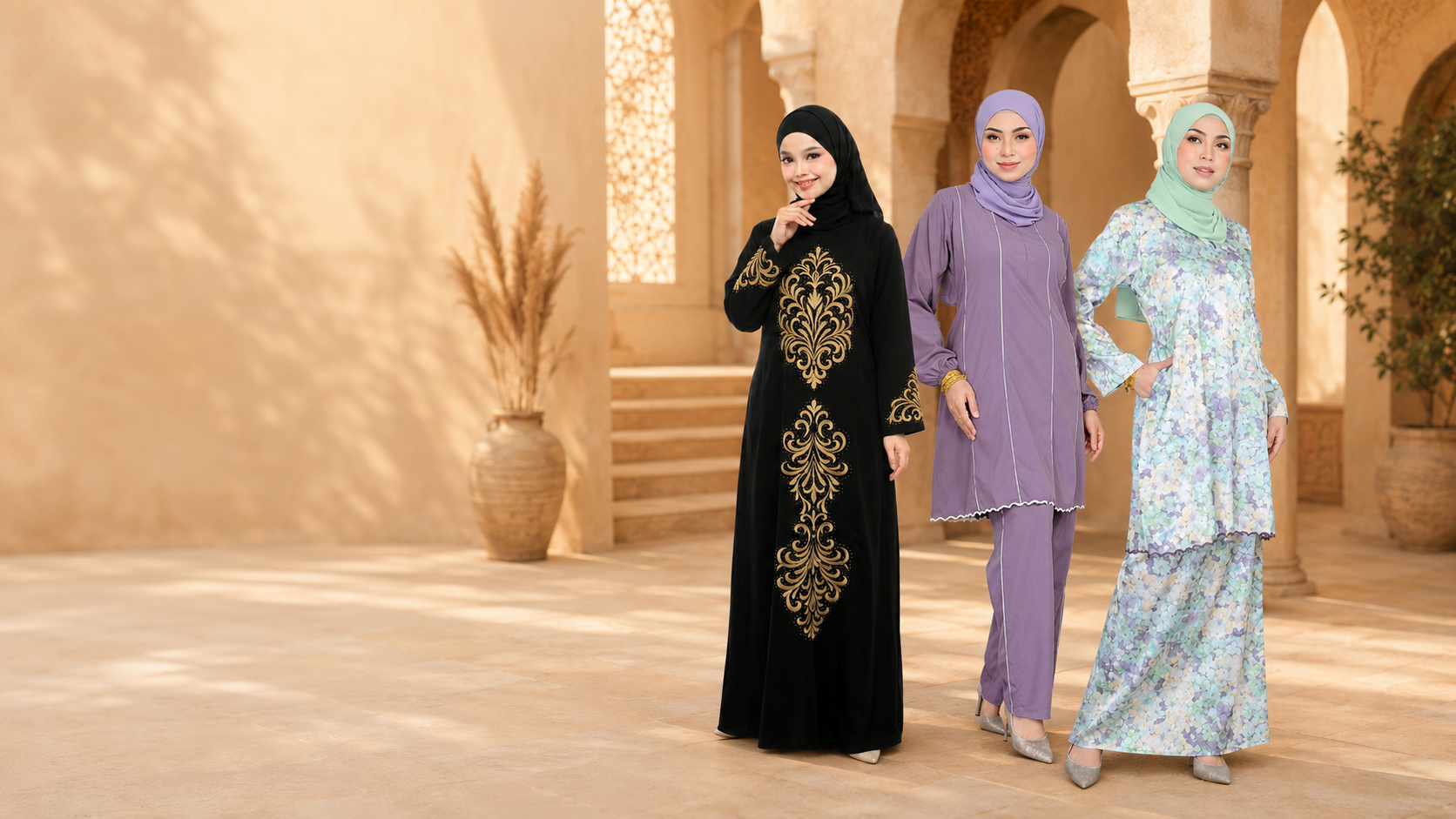 Sara Sajeeda Lookbook — three models in modest fashion